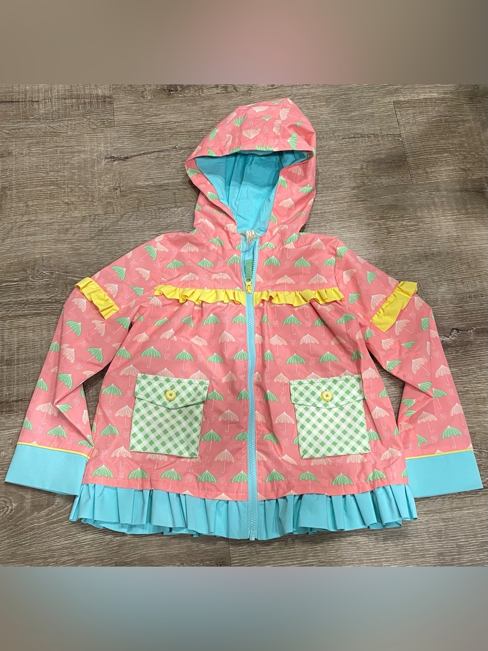 Matilda Jane Girls Size 8 Hooded Rain Jacket Pink Umbrella Print Ruffle Coat
